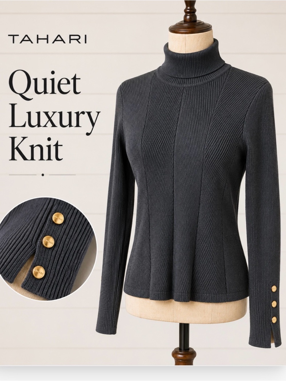 Tahari Ribbed Turtleneck Sweater Gold Button Sleeve Charcoal Gray Size M